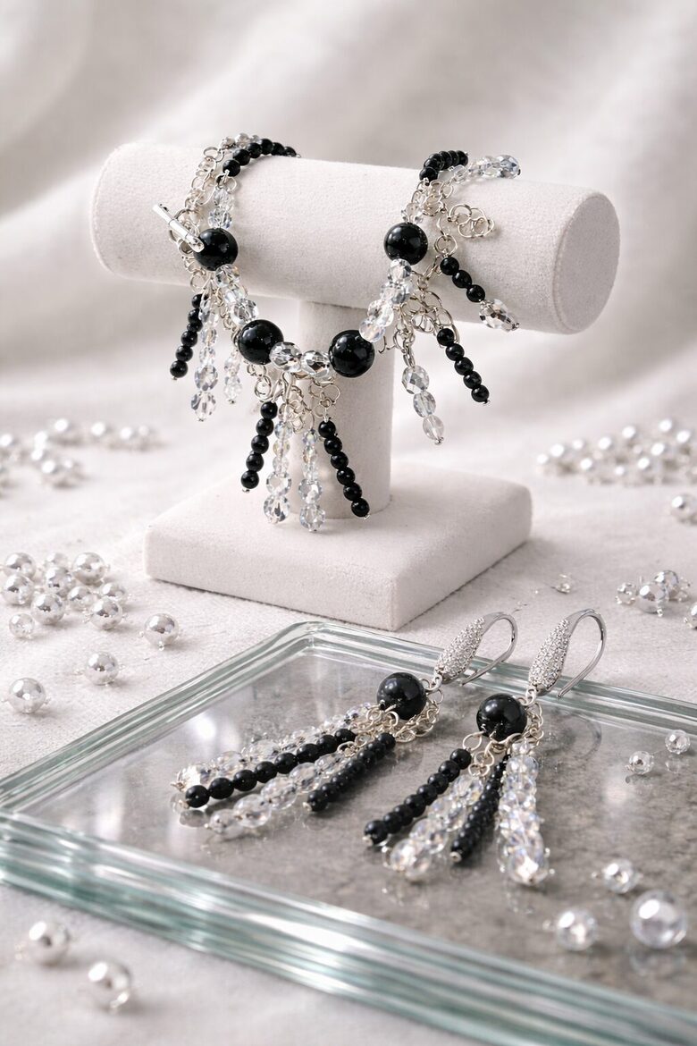 Dabīgo pērļu auskari + rokassprādze "Nakts Elegance"