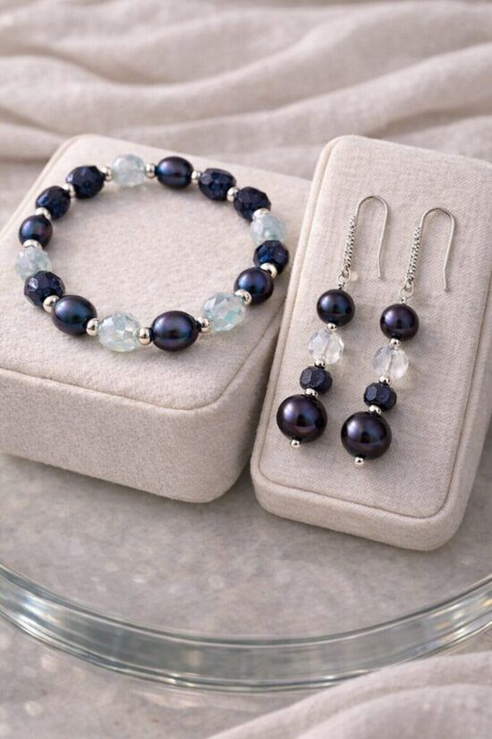 Dabīgo pērļu auskari + rokassprādze "Tumšā elegance"