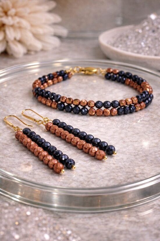 Dabīgo pērļu auskari + rokassprādze "Pusnakts dzirksts"