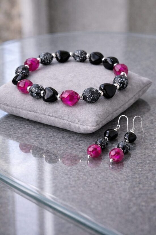 Dabīgo pērļu auskari + rokassprādze "Rozā sprādziens"