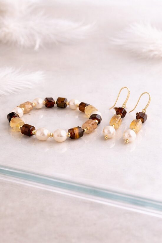 Dabīgo pērļu auskari + rokassprādze "Tauriņa zelts"